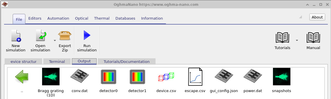 Output tab in OghmaNano showing a detector represented as a CCD-style icon