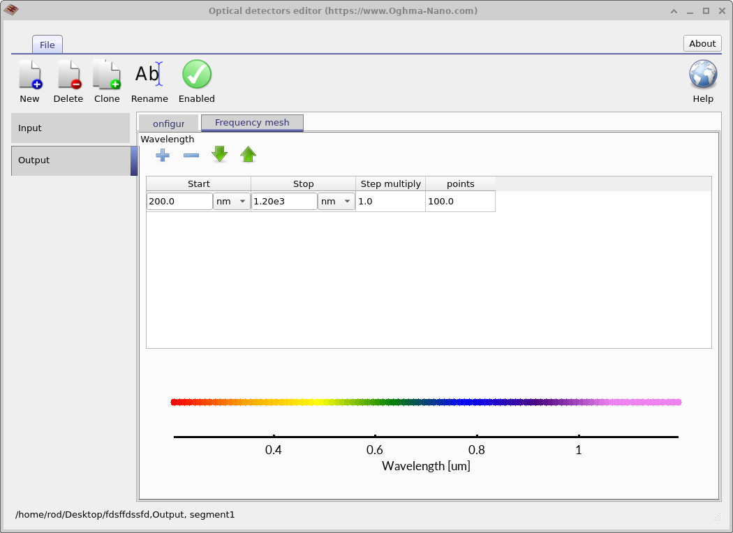 Frequency mesh tab defining wavelength range and sampling points for FDTD spectral accumulation