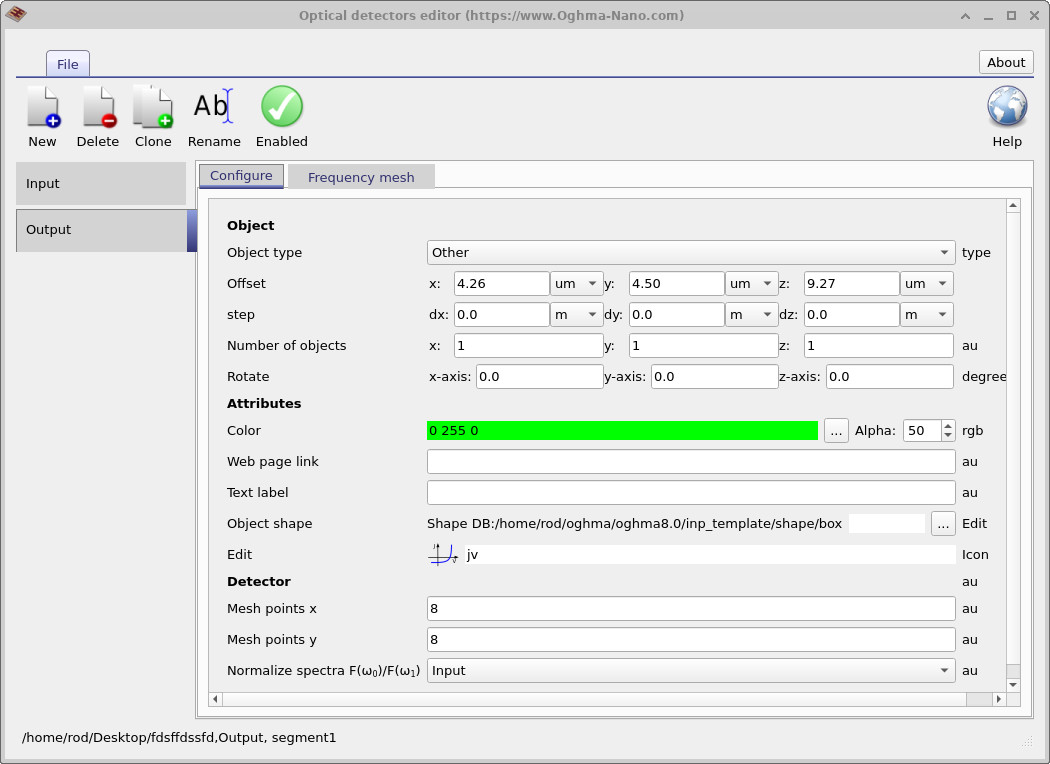 Optical detectors editor showing detector list, geometry configuration, and normalisation options between detectors