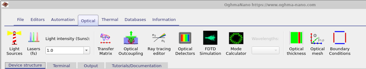 Optical ribbon in OghmaNano showing the Optical Detectors button used to open the detector editor
