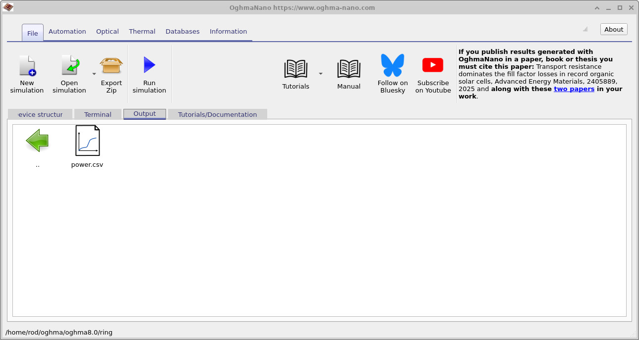 OghmaNano Output tab showing power.csv, which opens the detector power-versus-time plot when double-clicked.