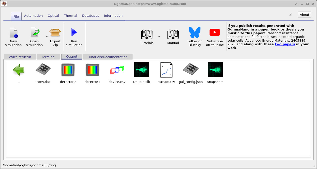 Output tab listing files produced by the ring resonator simulation including detector outputs and snapshots directory.