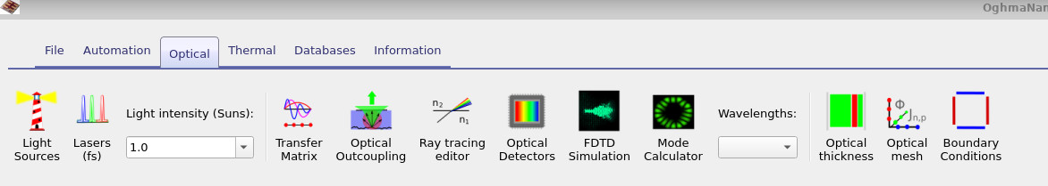 OghmaNano Optical ribbon showing the Light Sources button and other optical tools.