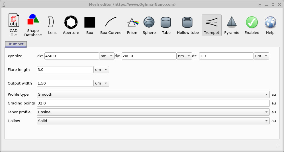 Mesh editor showing the output width and flare length settings for the trumpet taper