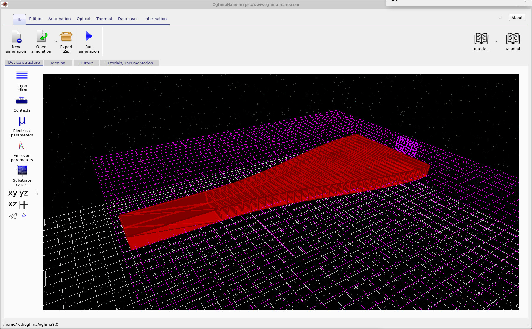 Main OghmaNano window showing the tapered GaAs waveguide structure, source, and detector