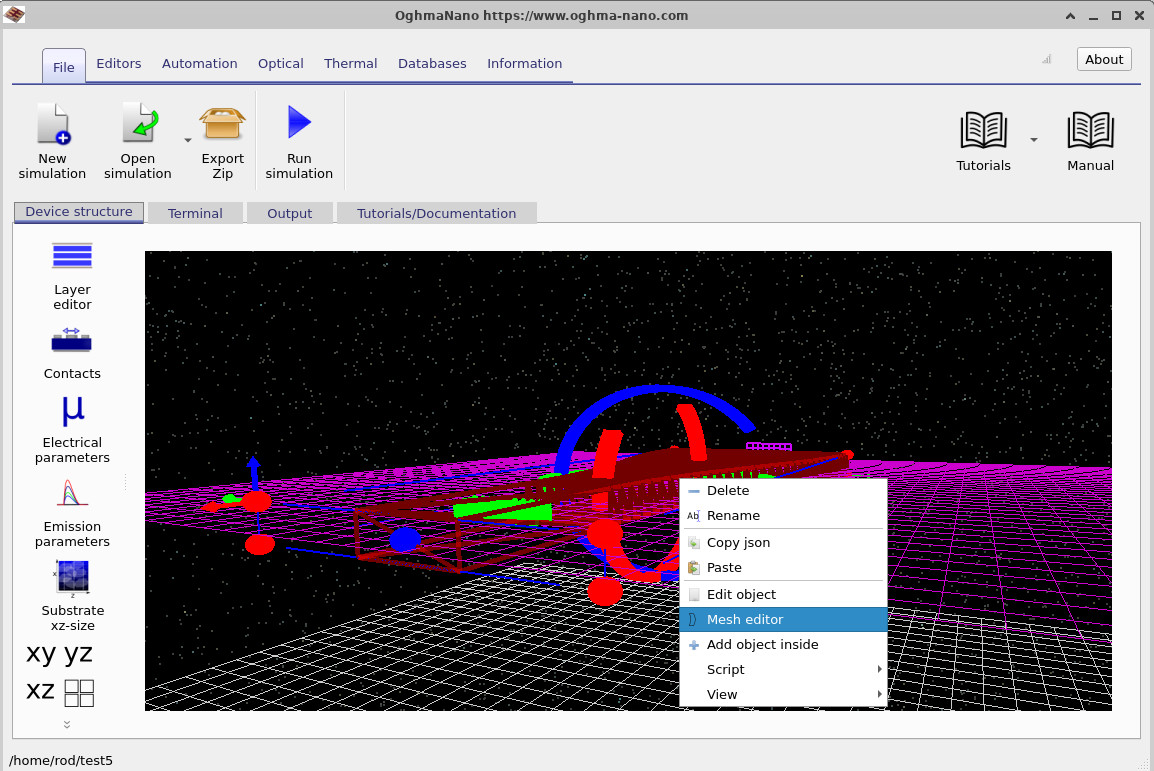Context menu showing the Mesh editor option for the tapered waveguide