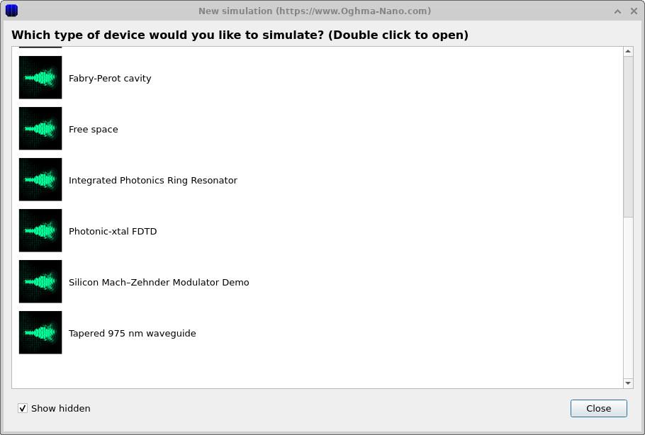 FDTD example list including the tapered 975 nanometre waveguide example