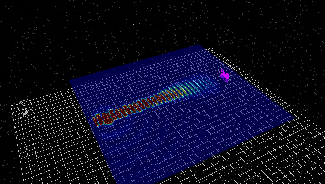 Intermediate field snapshot showing the optical mode expanding inside the tapered GaAs waveguide