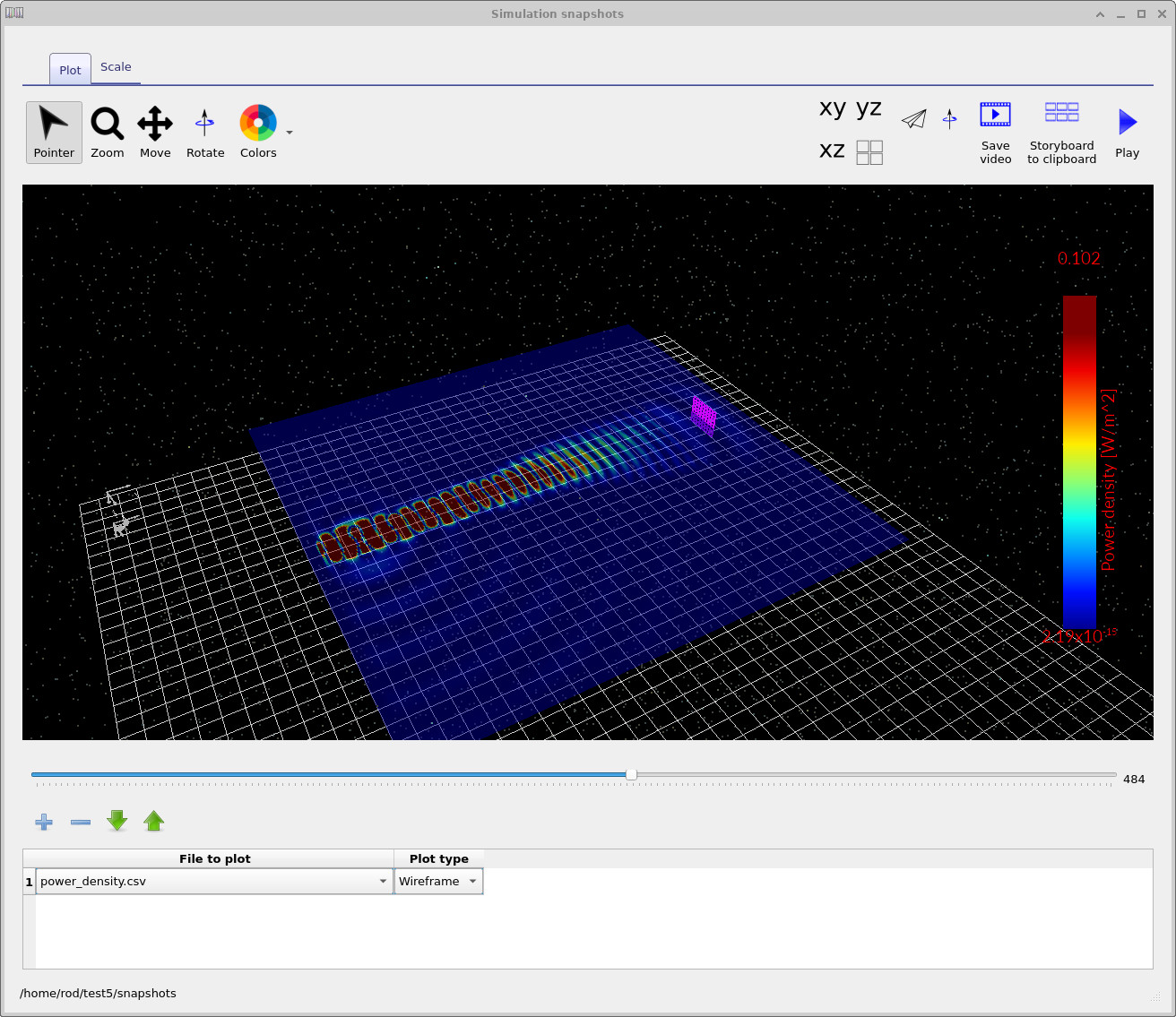 Later field snapshot showing a broader optical mode in the wide section of the tapered waveguide
