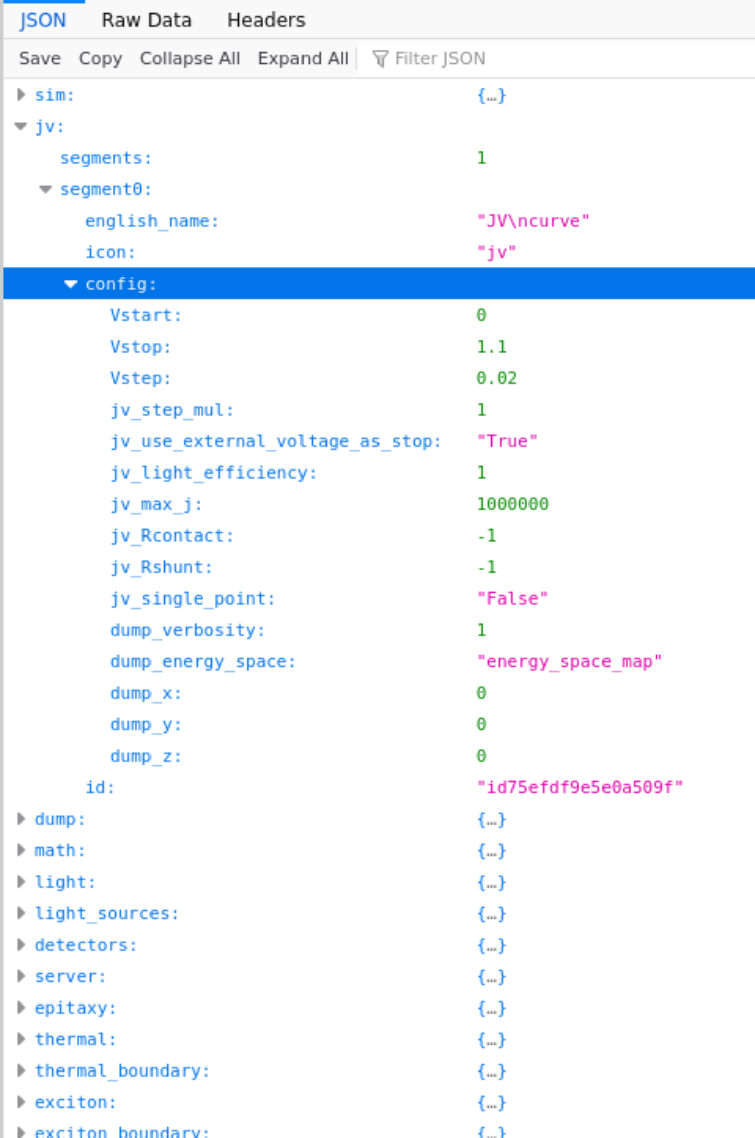 OghmaNano sim.json file opened in the Firefox browser showing structured JSON parameters