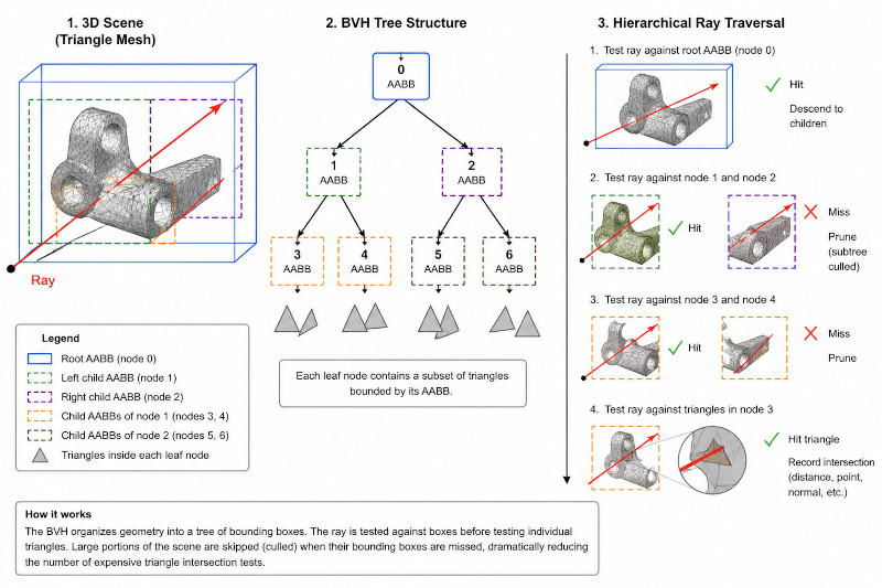 Bounding volume hierarchy (BVH) showing a ray intersecting bounding boxes before testing individual triangles