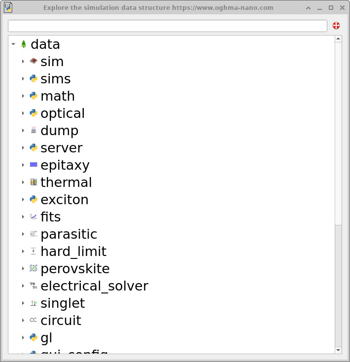 OghmaNano JSON Explorer showing the simulation data structure as a tree of JSON objects