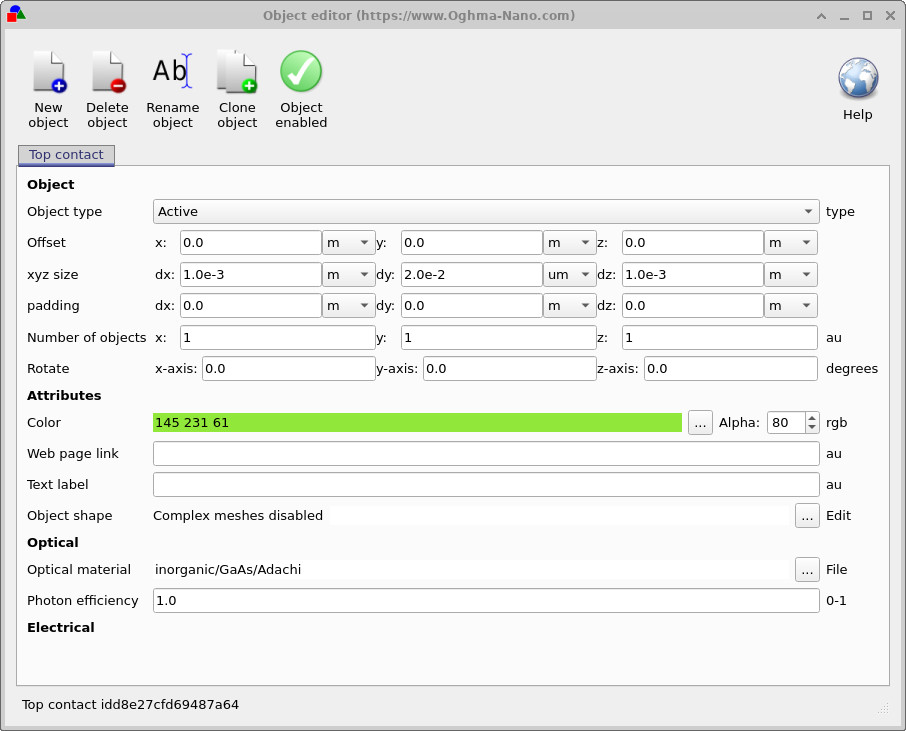 OghmaNano object editor showing the object ID displayed at the bottom of the window