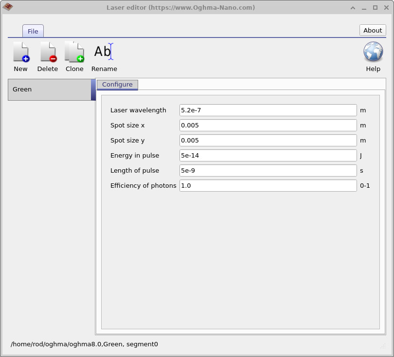 OghmaNano Laser configuration editor showing fields for wavelength, spot size, energy per pulse, pulse length, and photon efficiency.