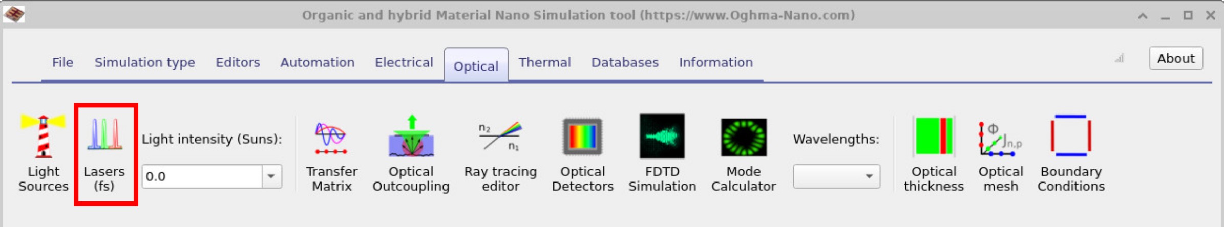 OghmaNano Optical ribbon with the Lasers (fs) icon highlighted.