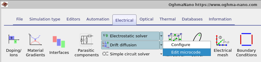 Dropdown menu in the electrical ribbon showing the edit microcode option