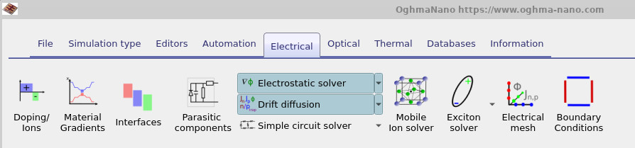Electrical ribbon in OghmaNano showing the drift diffusion solver control