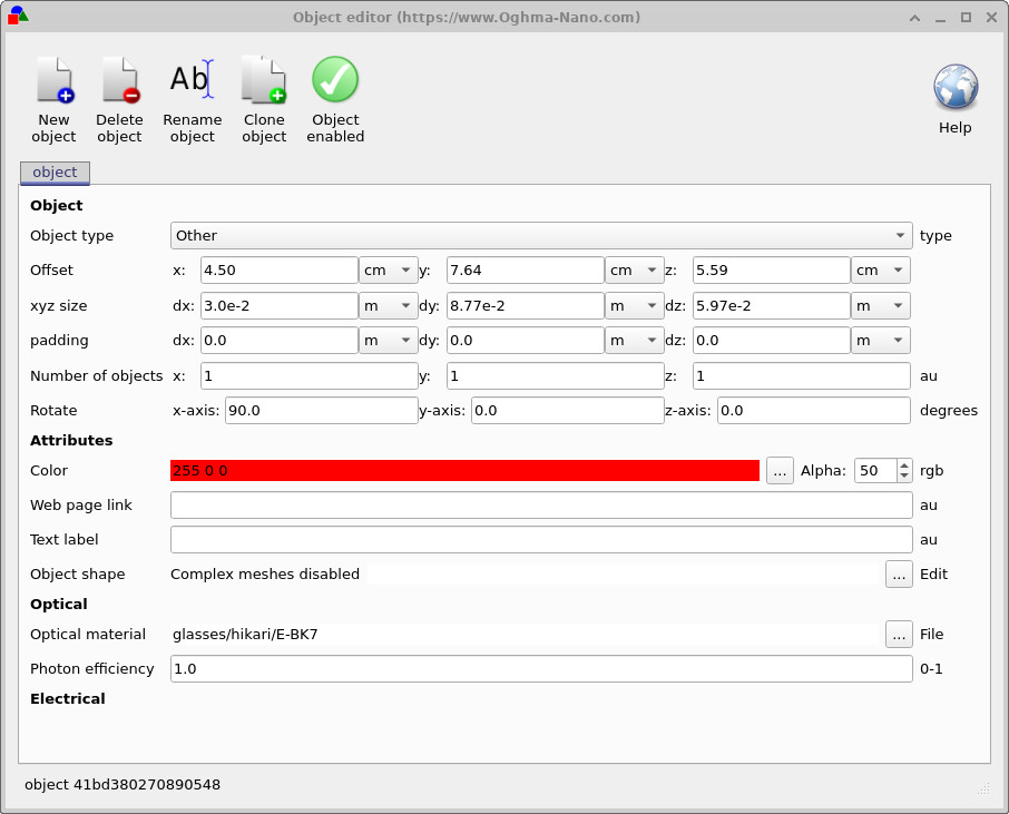 OghmaNano 对象编辑器窗口，显示基本对象属性并且复杂网格已禁用。