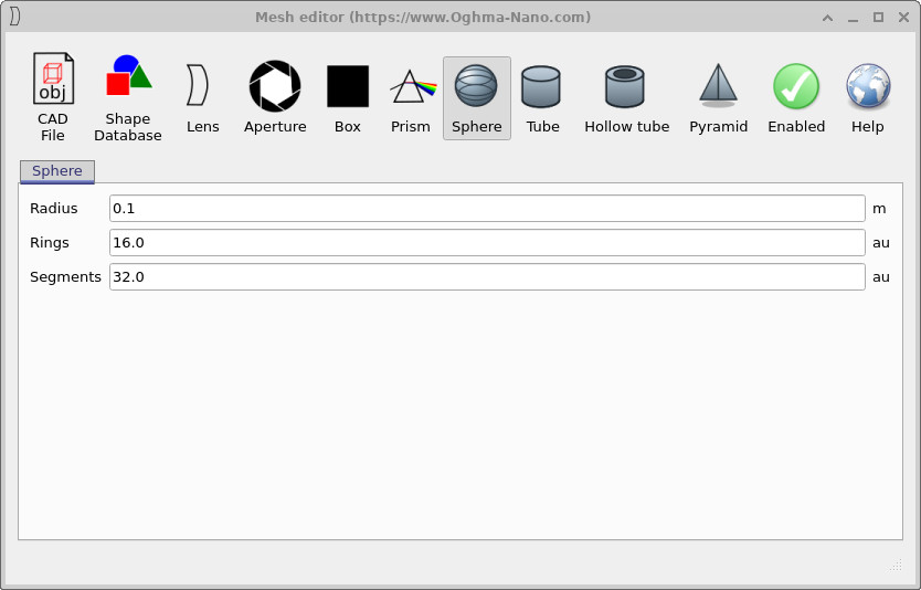 网格编辑器窗口显示球体的配置选项。