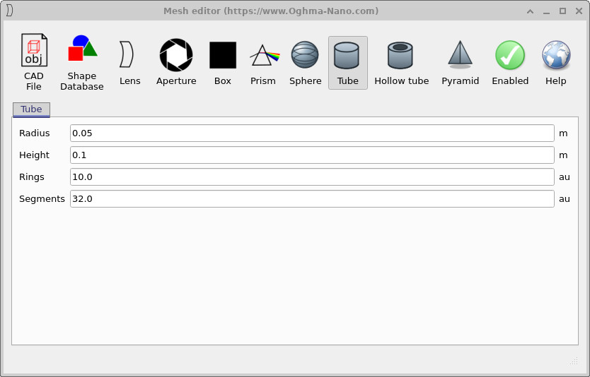 网格编辑器窗口显示实心管的配置选项。