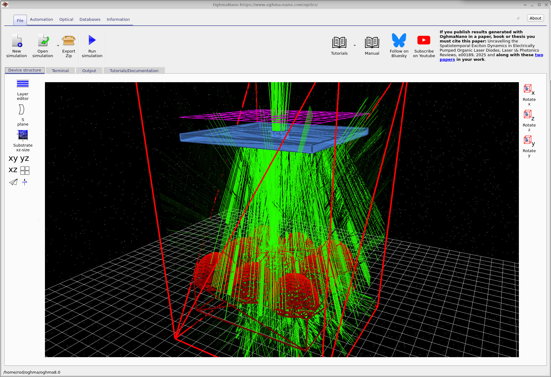 Ray tracing with a closed aperture showing most rays being rejected and only a small bundle reaching the detector.
