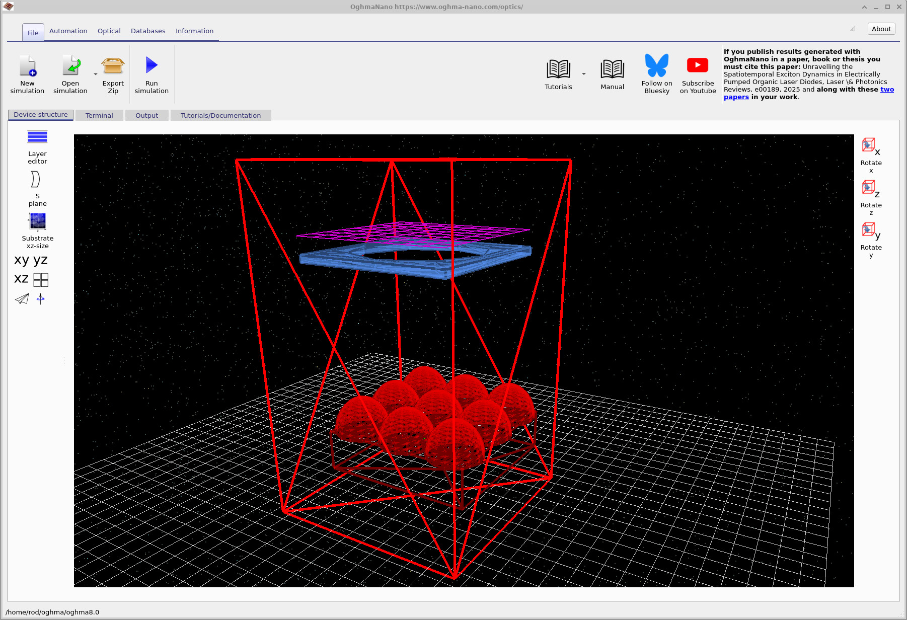 MicroLens demo showing detector (purple), aperture (blue) and microlens array (red domes).