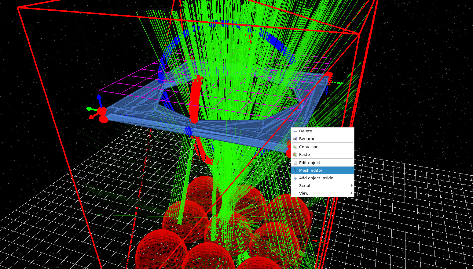 Right-click menu on the aperture stop showing Mesh editor.