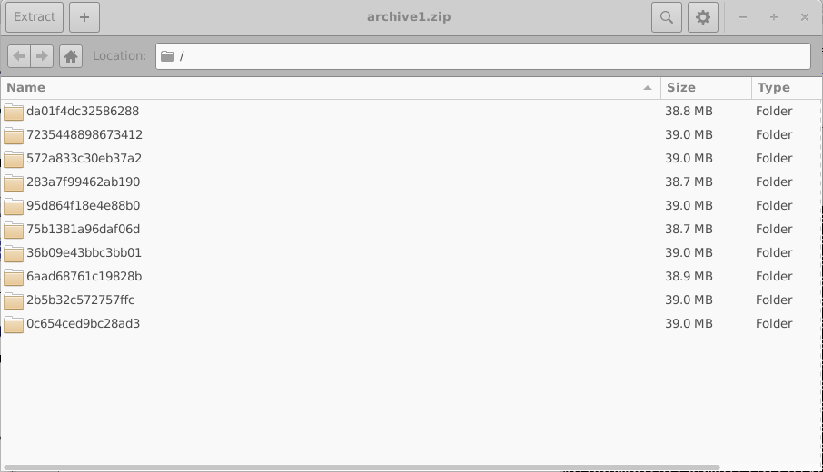 Left: The content of the Example directory; Right inside archive0.zip