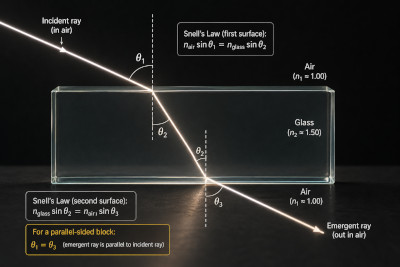 Light bending by refraction at material interfaces