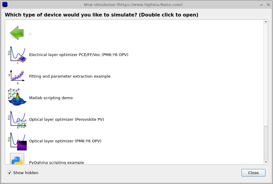 OghmaNano example list within Scripting and fitting showing entries including Optical layer optimizer (Perovskite PV) and Optical layer optimizer (PM6:Y6 OPV)