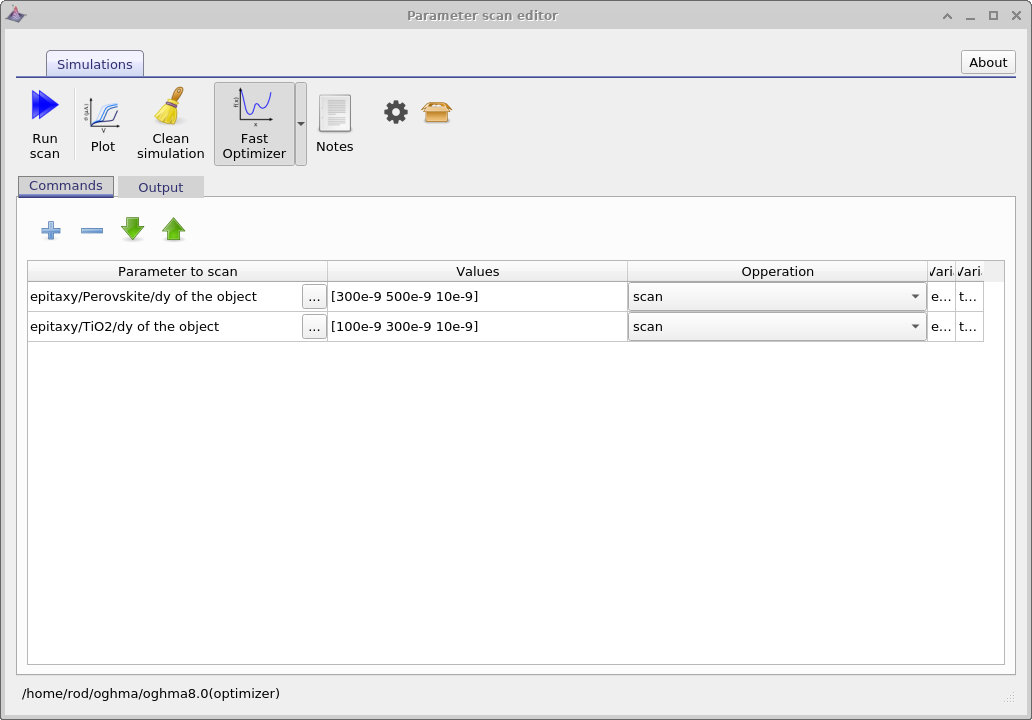 OghmaNano scan window with optimizer button active