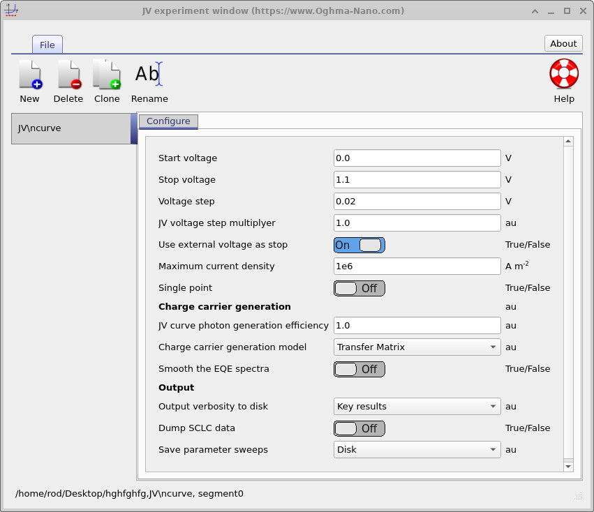 JV editor window showing sweep output controls.