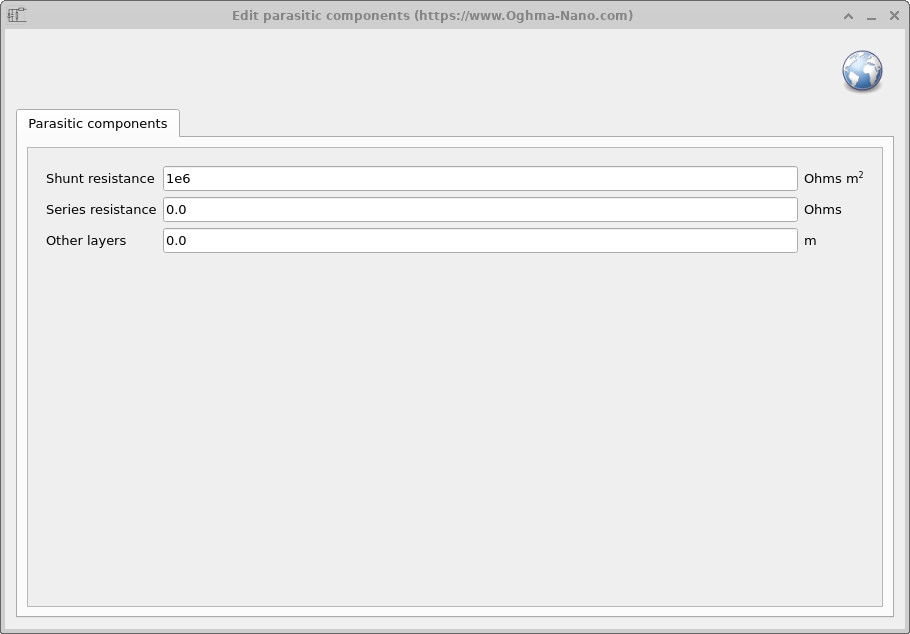 Parasitic components editor with fields for Shunt resistance (Ω·m²), Series resistance (Ω), and Other layers (m).