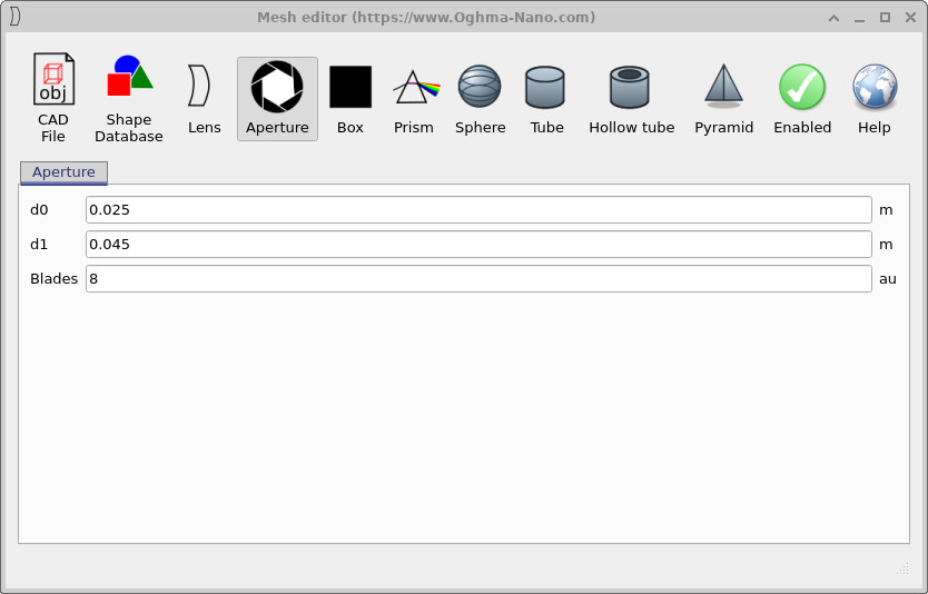 Aperture mesh editor where d0 is reduced to begin clipping the beam.