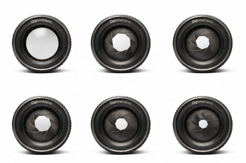 Synthetic photorealistic rendering of a vintage photographic lens aperture showing blade geometry at different openings.