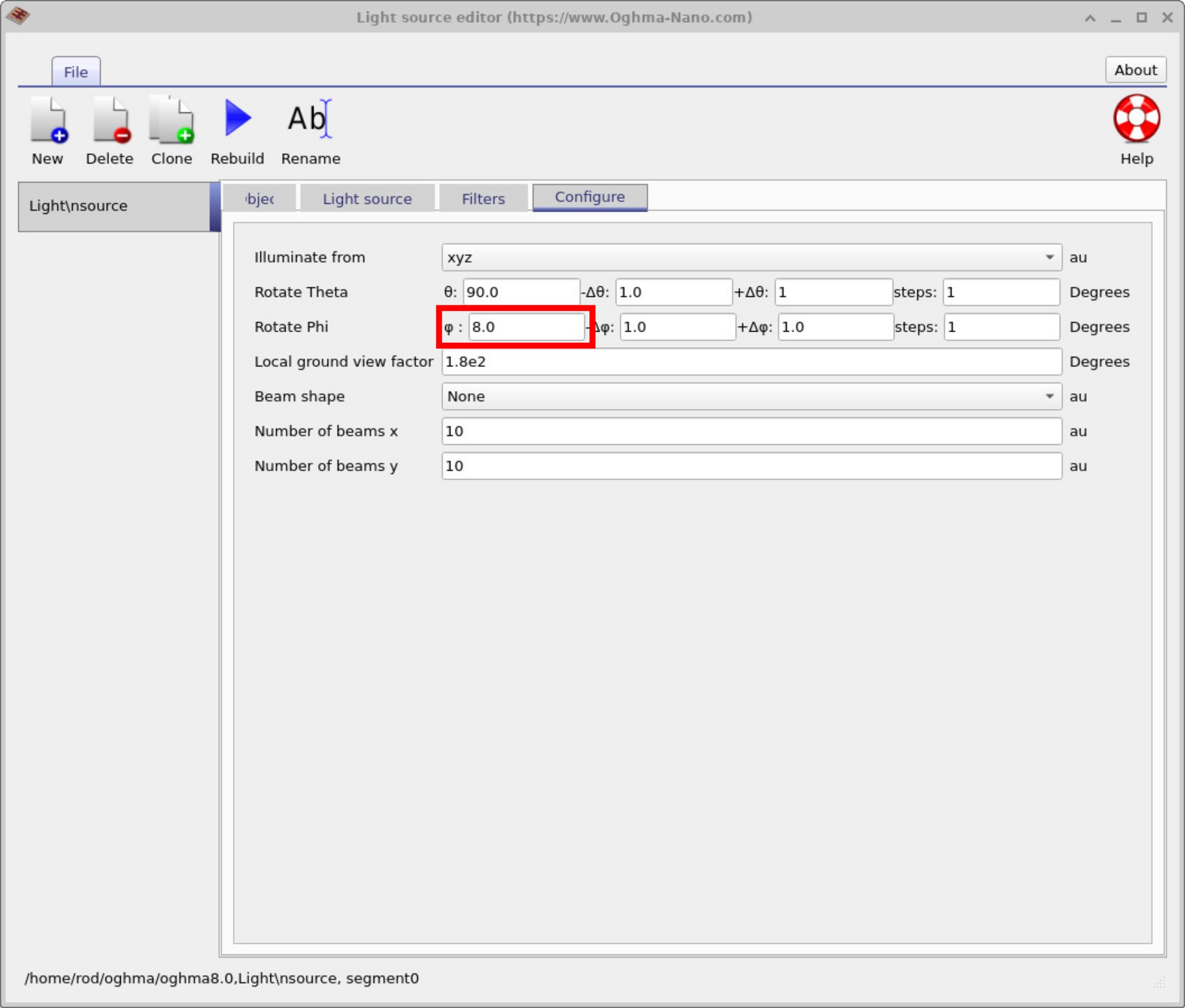 Light source editor: Rotate Phi set to 8 degrees to angle the beam down.