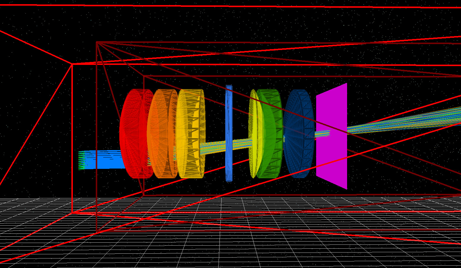 Modern 200 mm prime lens ray trace showing gradual ray steering across many elements.