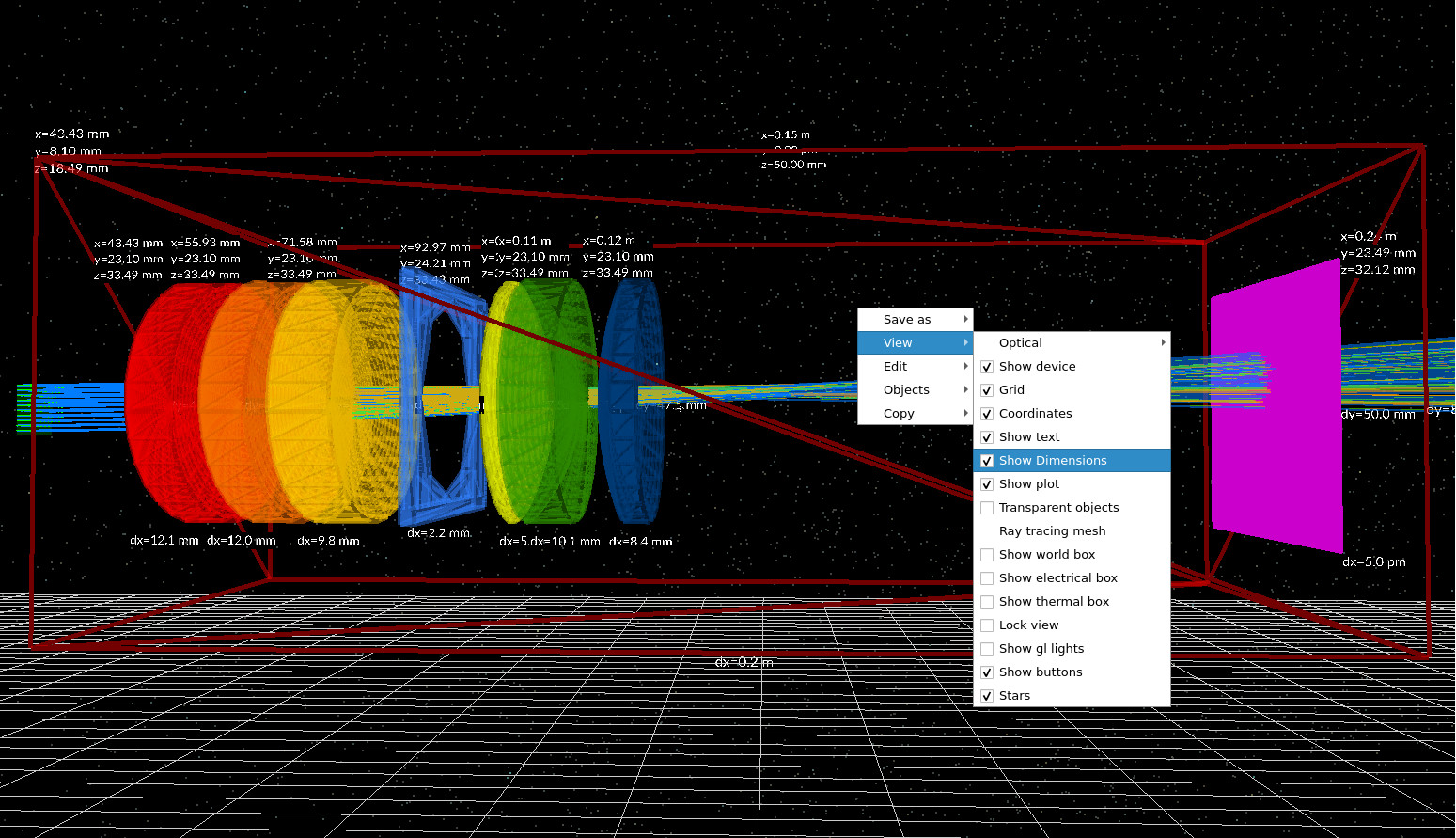 Optical Workbench view with 'Show dimensions' enabled, displaying x/y/z positions and dx thickness values.
