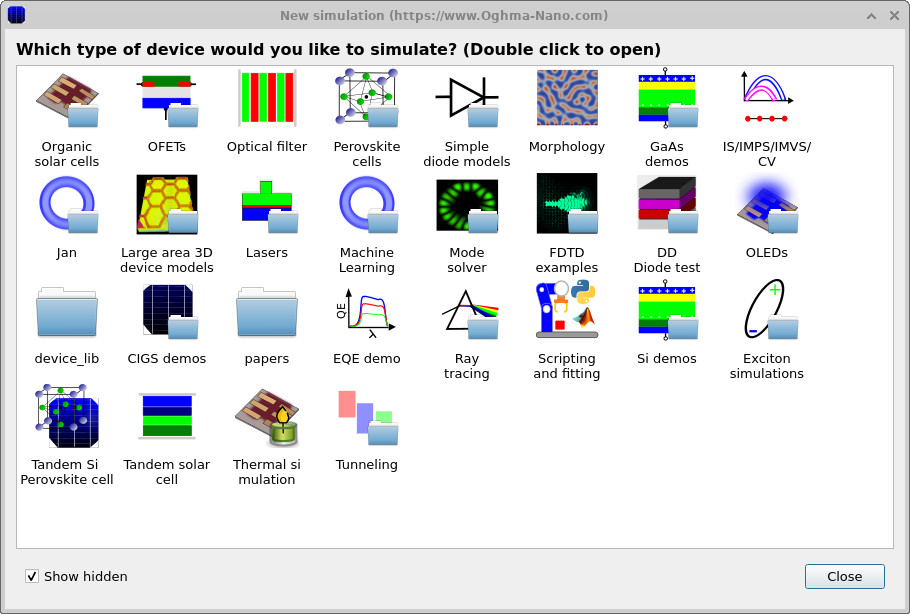 New simulation dialog showing the available simulation categories.