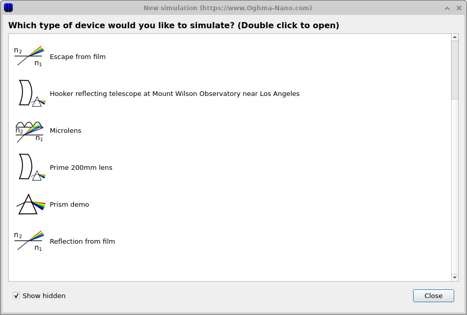 Ray tracing example list showing the Prime 200mm lens entry.