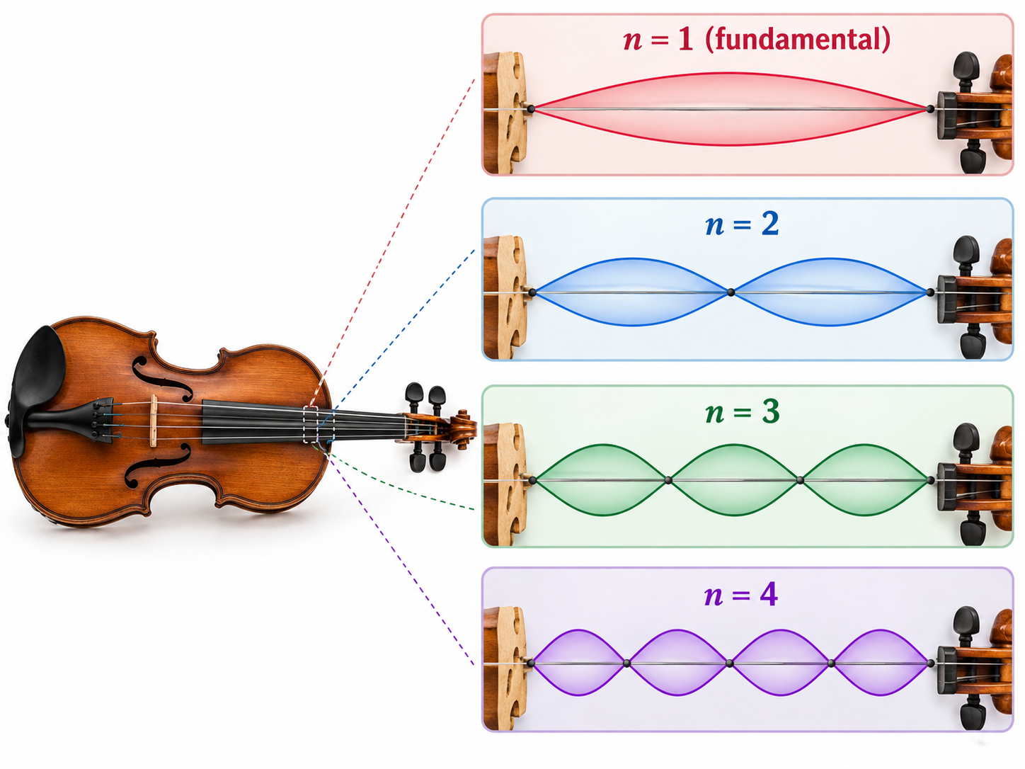 Violin string illustrating the first four standing-wave harmonics.