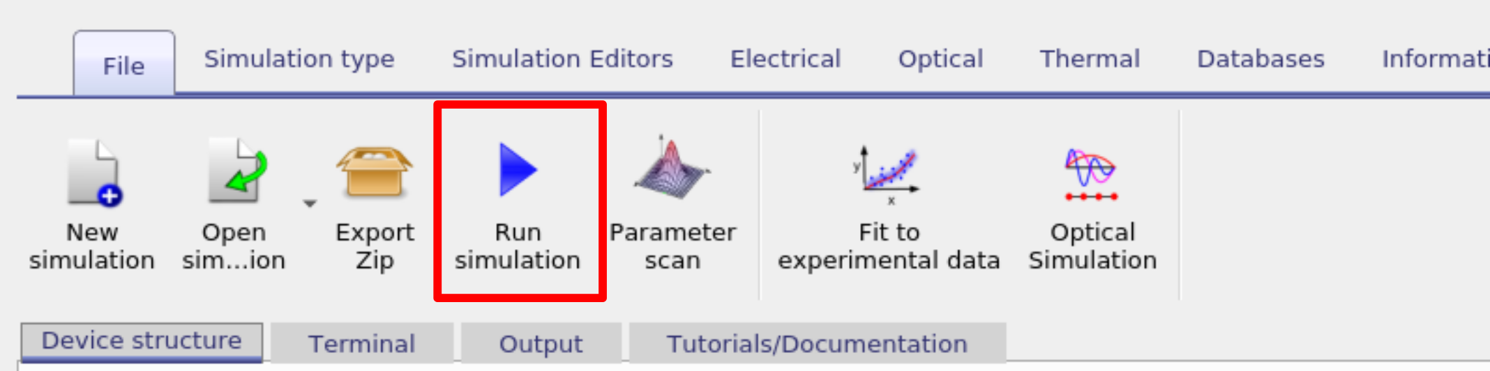 OghmaNano interface showing the play button used to start an OFET simulation