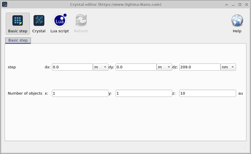 OghmaNano step editor in Basic step mode showing step fields dx, dy, dz and number of objects x, y, z. dz is set to 209 nm and nz to 10, producing a 1D array along z.