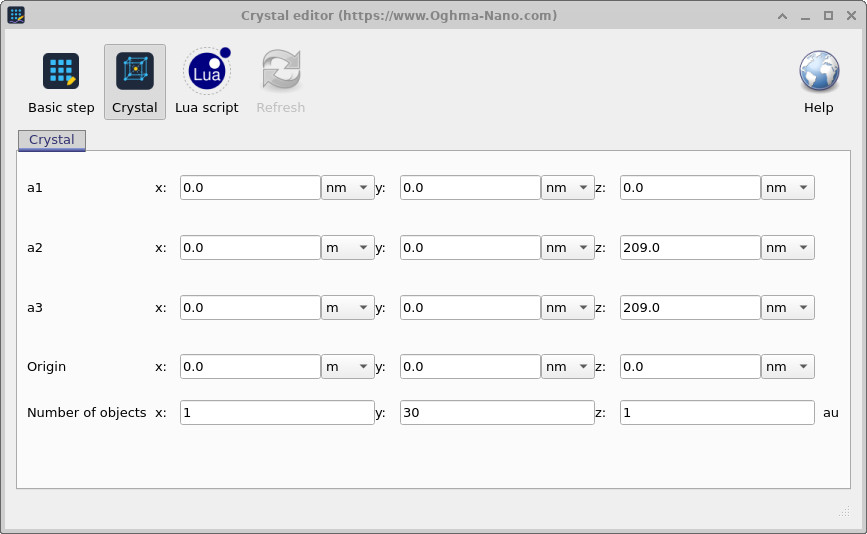 OghmaNano step editor in Crystal mode showing primitive lattice vector fields a1, a2, a3 with x, y, z components, an Origin field, and Number of objects fields.