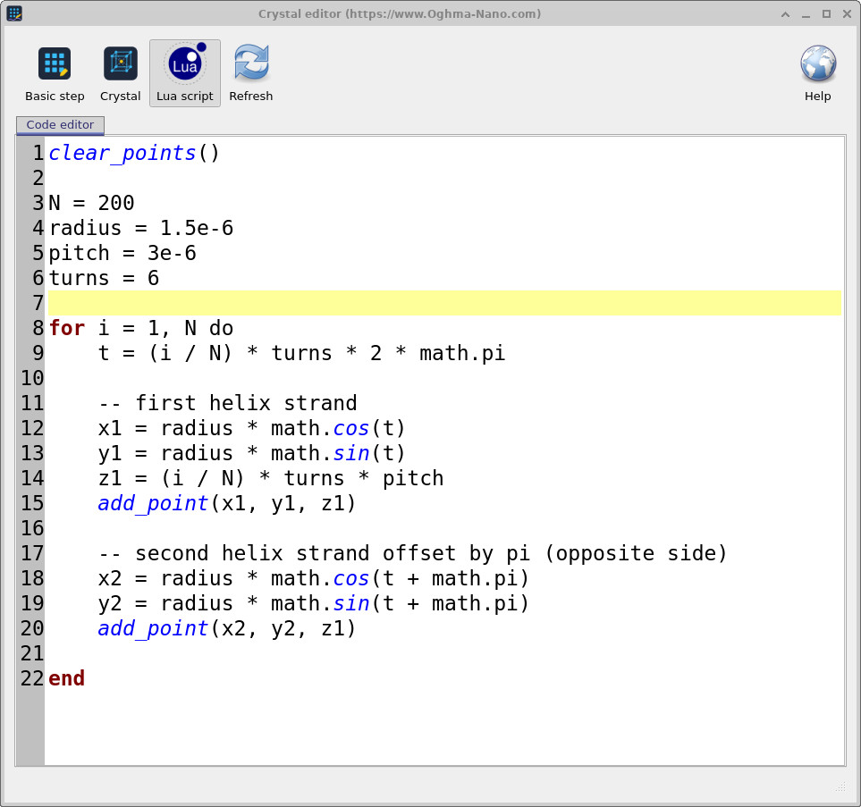 OghmaNano Lua script editor showing the double helix code. Two helical strands are generated using sin and cos functions offset by pi, with 200 points per strand over 6 turns.