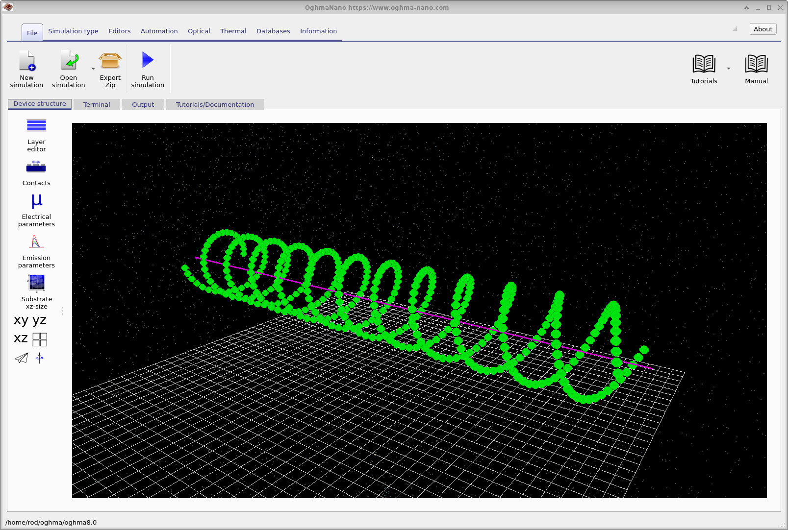 OghmaNano 3D simulation window showing a green double helix structure — two interleaved helical strands winding along the z axis over six complete turns.