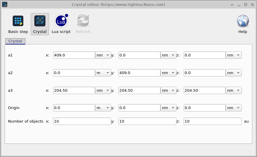 OghmaNano crystal editor configured for a hexagonal lattice. a1 is set to (3 µm, 0, 0), a2 to (1.5 µm, 2.59 µm, 0), a3 to (0, 0, 3 µm), with 3×3×3 objects.