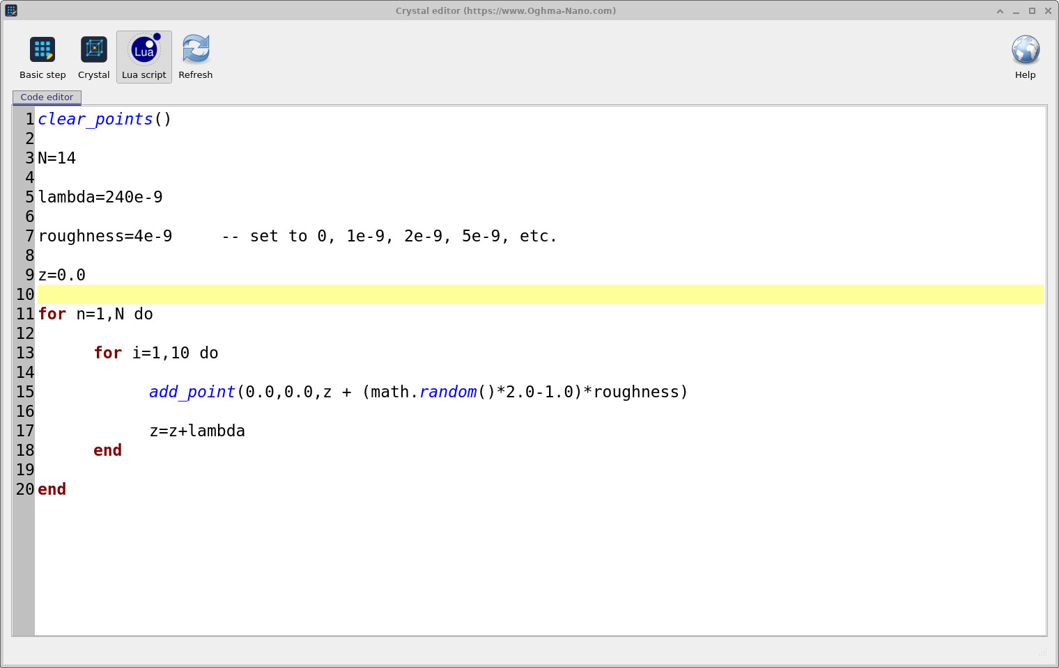 OghmaNano step editor in Lua script mode showing a code editor with clear_points() and add_point() commands and a Refresh button to update the 3D view.