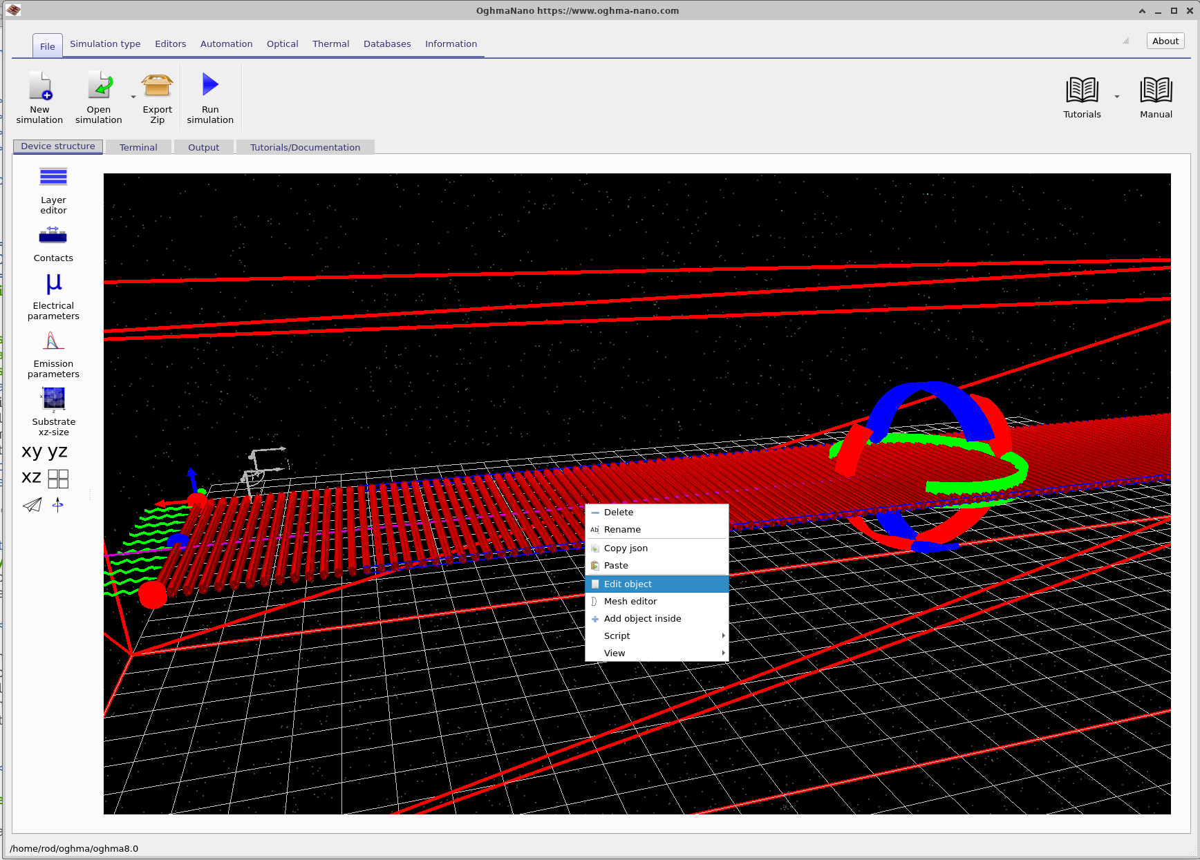 OghmaNano main simulation window showing a periodic array of objects with a right-click context menu open, highlighting the Edit object option
