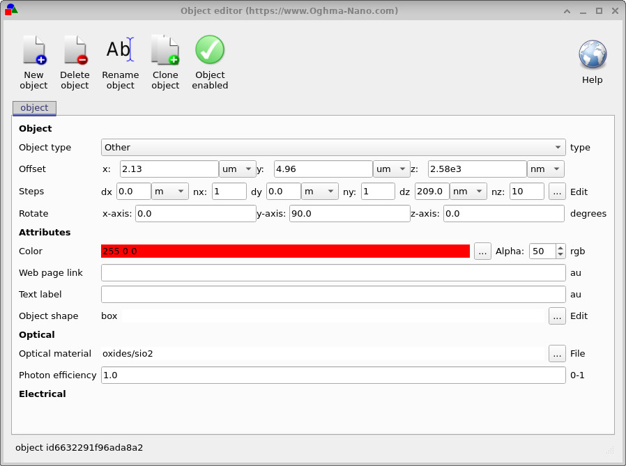 OghmaNano object editor showing the Steps row with dx, nx, dy, ny, dz, nz fields and an Edit button with three-dot access to the step editor
